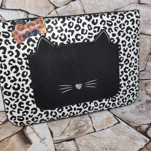 Black White MEOW CAT LARGE ZIP POUCH CLUTCH WLR00592 NWT $109 KATE SPADE